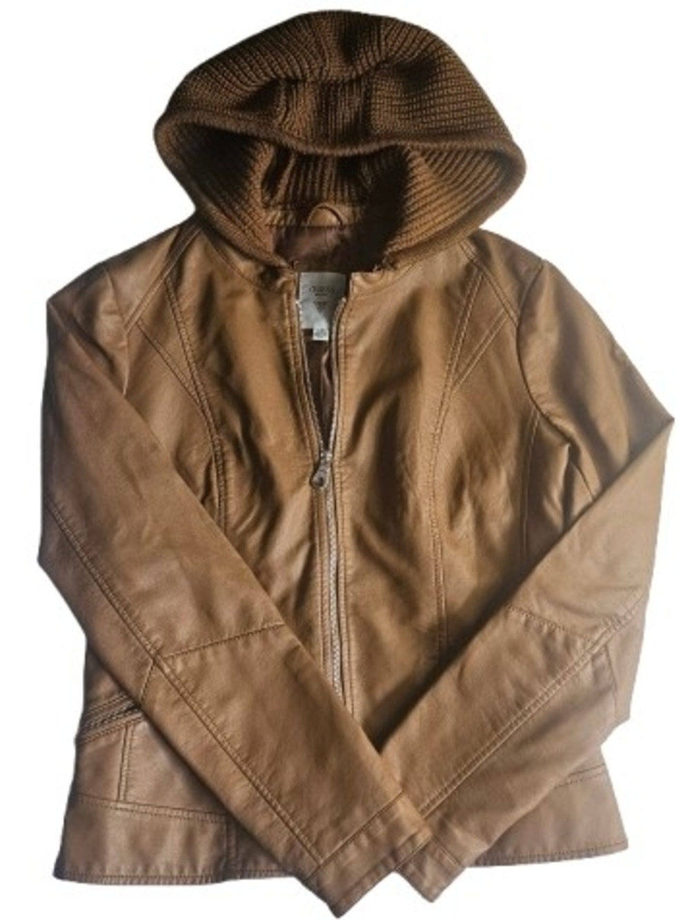 GUESS Cognac Faux Leather Moto Jacket Removable Knit Hood Biker Y2K Large